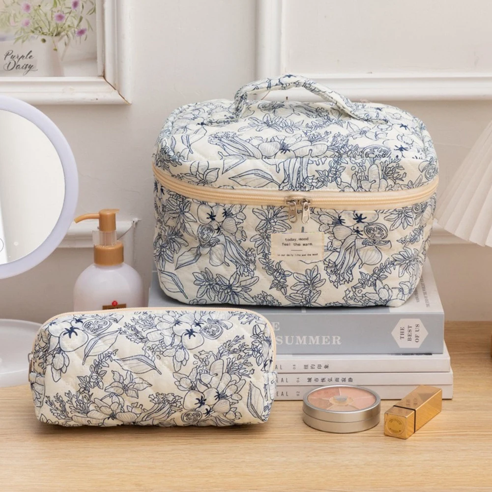 3 szt. Kwiatowa kosmetyczka bawełniana pikowana torba na kosmetyki o dużej pojemności organizer do makijażu torba do przechowywania z zamkiem błyskawicznym dla kobiet i dziewcząt