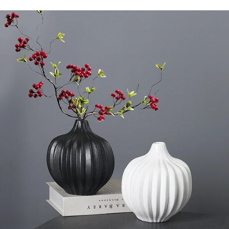 Ceramic Vase Striped Round Geometric Pots Abstract Flower Arrangement Accessories Home Decoration