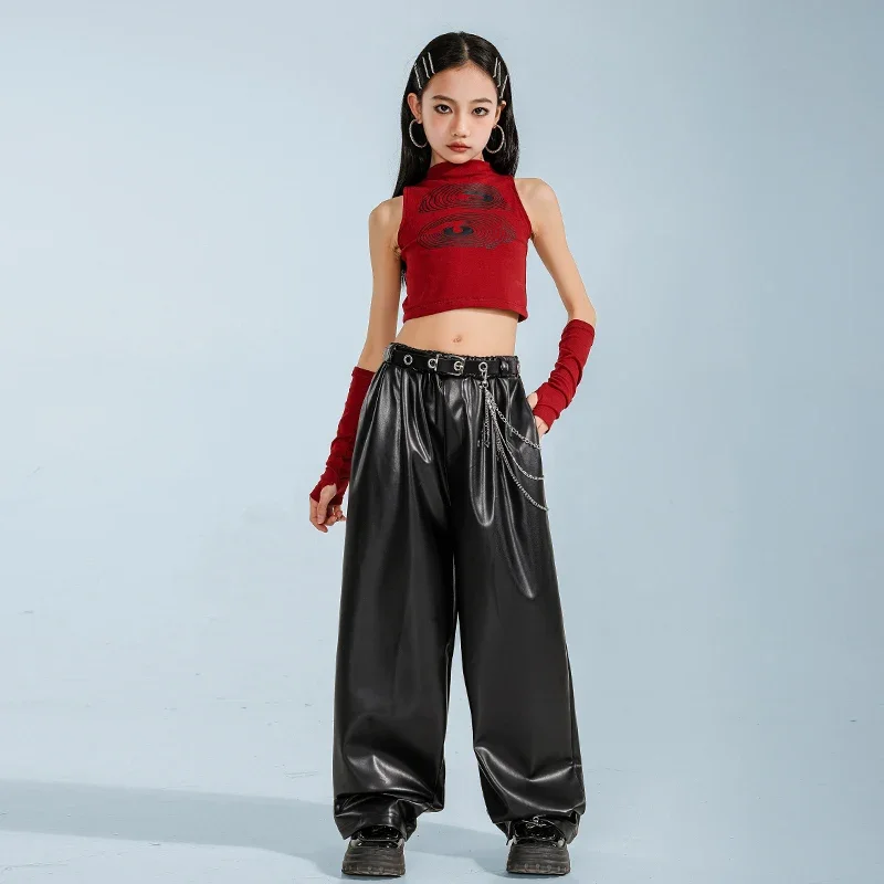 Meninas k-pop vermelho colheita topos camisa dança de rua calças de couro do plutônio crianças hip hop streetwear criança jazz topo menina grupo roupas conjunto