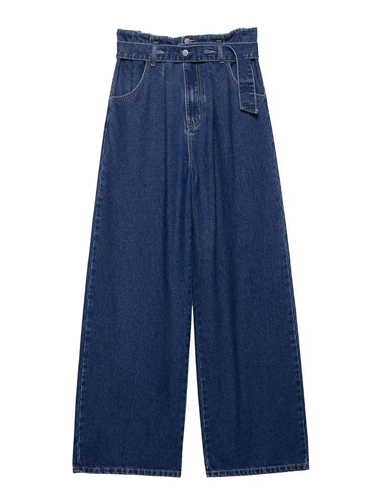 

KUCLUT Women Fashion With Belt Denim Blue Front Zipper Wide Leg Pants Vintage High Waist Full Length Female Chic Trousers