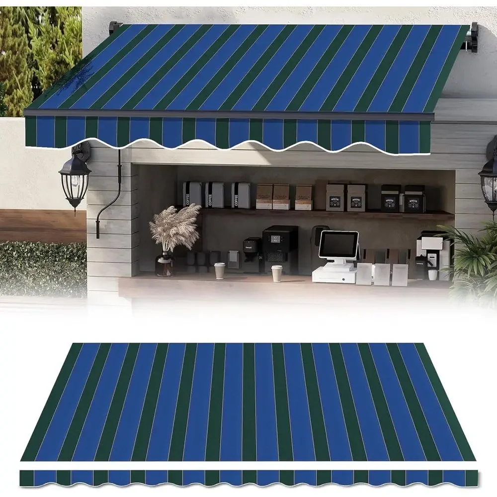 Retractable Patio Awning with UV Protection, Polyester Material, Ideal for Outdoor Spaces (Blue Green Stripe)