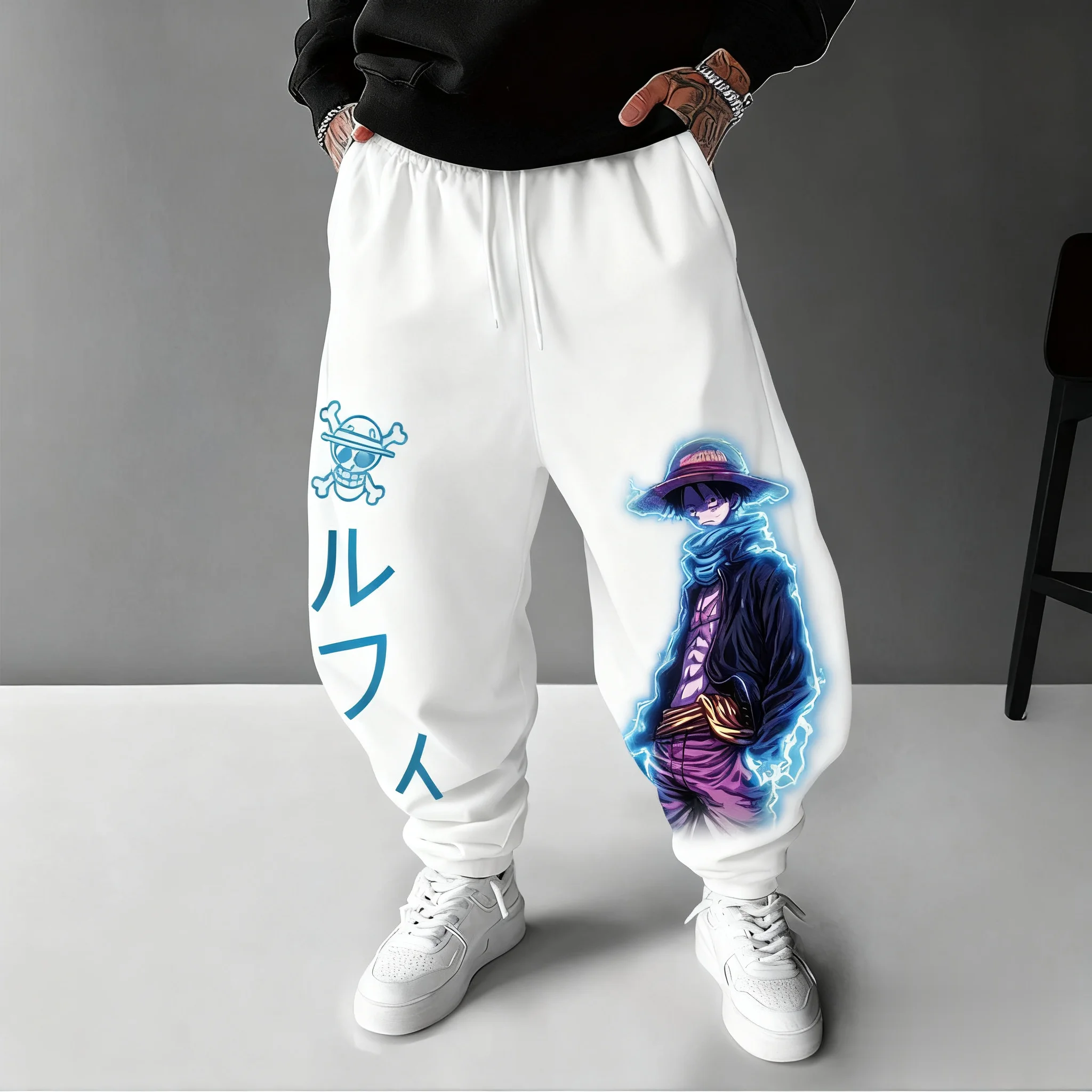 Uma peça anime luffy joggers calças masculinas casuais streetwear dos desenhos animados impresso calças hiphop moda verão outono moletom y2k