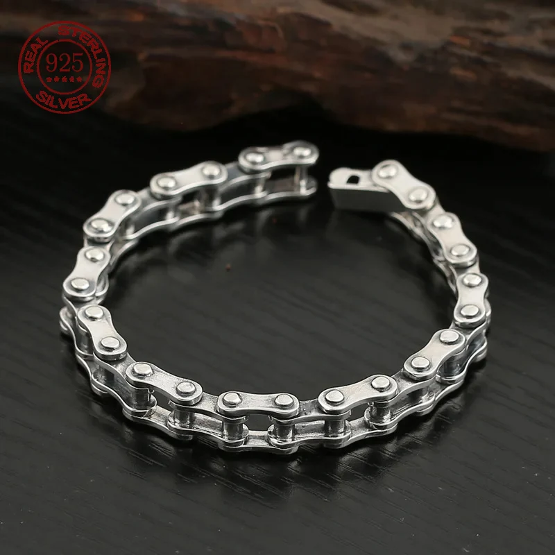 

Real S925 sterling silver bike chain 10mm vintage men's bracelet Fashion Creative Punk style motorcycle chain bracelet