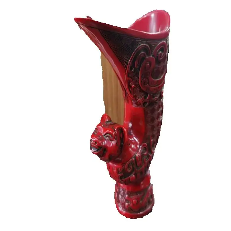 China Old Beijing ,Old Goods, Red Coral Carving,  Zodiac Rabbit, Embossed Ancient Inscriptions Vase,Cup