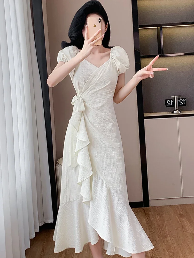 Women Elegant Bow Bandage Long Dress Summer White Bodycon Chic Ruffled Slit Long Dress 2024 Korean Fashion Luxury Evening Dress