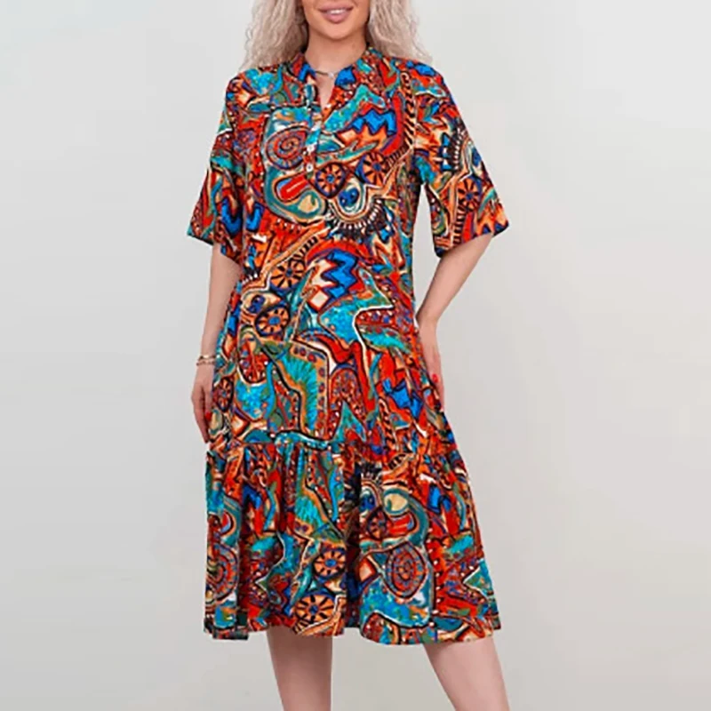 プラスサイズワンピース 夏 カジュアル Vネック 半袖 ゆったり ビーチ ホリデー レディース ゆったり パーティー ミディ丈ワンピース ボヘミアン