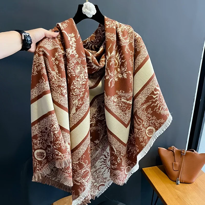 Luxury Brand Cashmere Women Floral Scarf Winter Warm Shawl and Wrap Bandana Pashmina Female Foulard Square Thick Blanket 2024