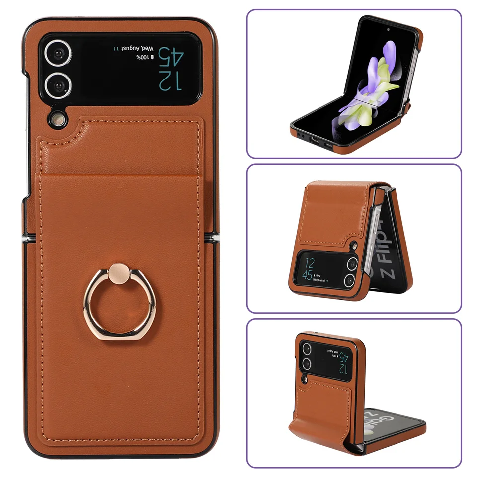 Galaxy Z Flip 4 3 5G Ring Holder Stand Phone Case For Samsung Z Flip4 Flip3 All-Inclusive Folding Hinge Protective Leather Cover