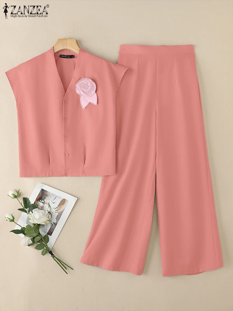 ZANZEA Fashion Women Pant Sets Fabric Flower V-Neck Cap Sleeve Tops & Wide Leg Pants 2pcs Suits Casual Commuting 2 Pieces Sets