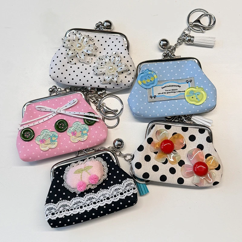 Cute Polka Dot Lace Clip Wallet Pearl Flower Ribbon Bow Decor Exquisite Coin Purse Portable Headphone Bag Women's Mini Clutch