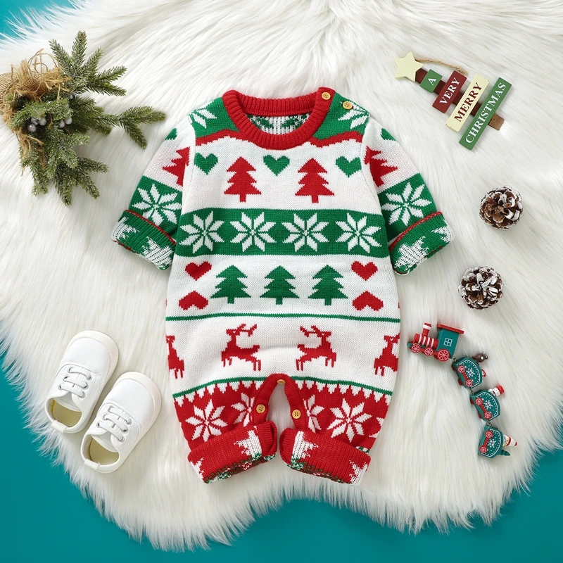 

Infant Unisex Winter Jumpsuits Festive Reindeer Snowflake Patterned Knit s Crew Neck Long Sleeve Xmas Outfits