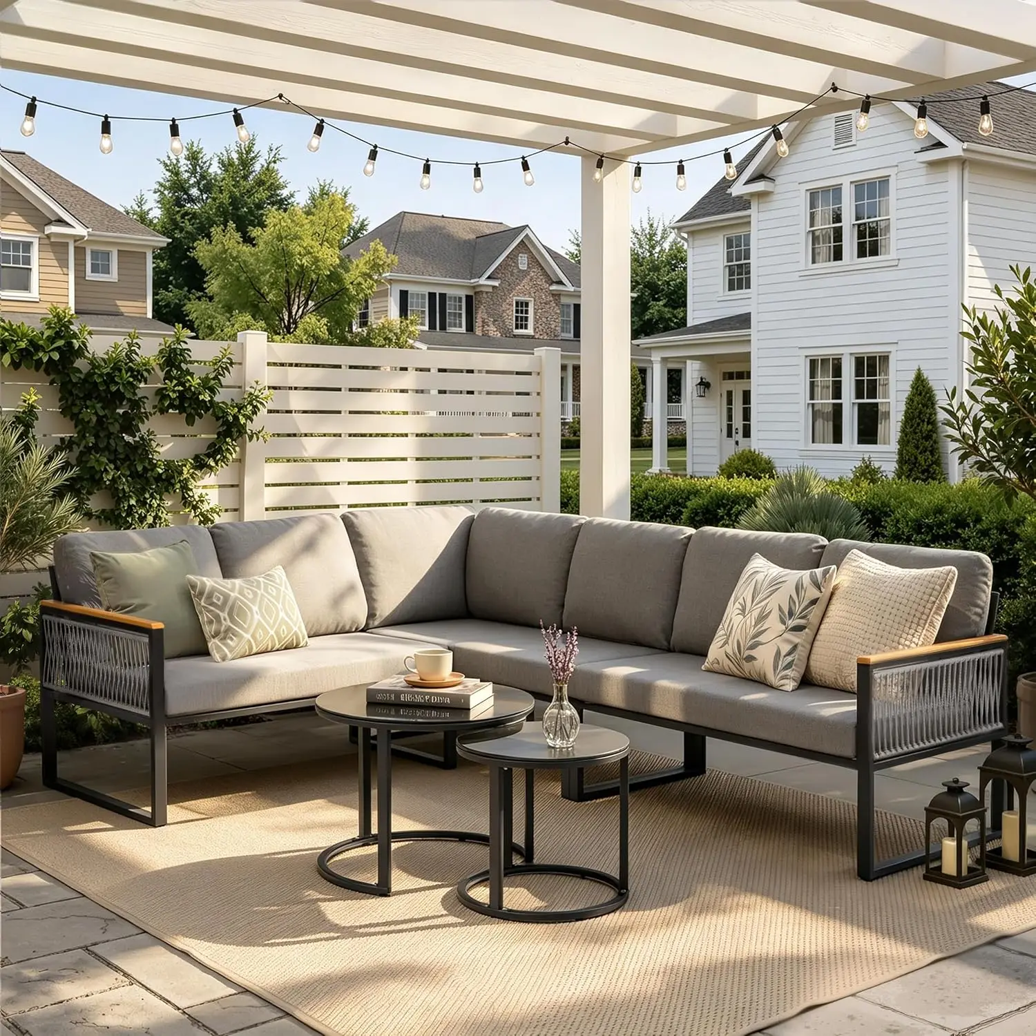 

7-Piece L-Shaped Patio Conversation Sets, Hand-Woven Wicker Outdoor Sectional Sofa with Glass Nesting Coffee Table,, Custom