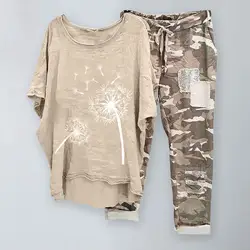 Conjunto de camiseta e calça meia manga feminina, roupa esportiva com elástico na cintura, terno moderno de verão, tamanho grande, 2 peças