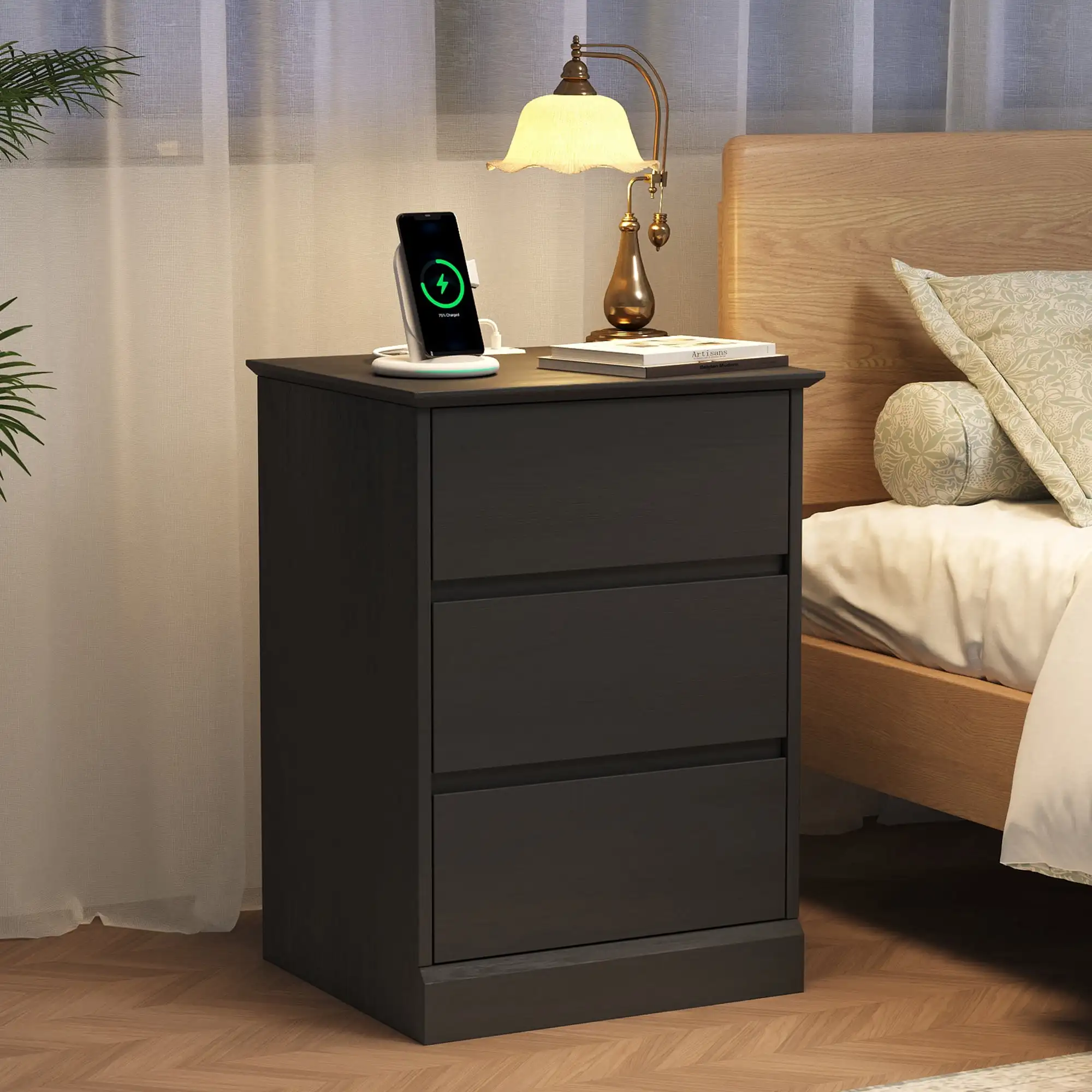 Nightstand with 3 Drawers, Black Bedside Table Night Stand for Bedroom with Charging Station & Cut-Out Handle, Sofa Side Table Dresser for Bedroom(Black)