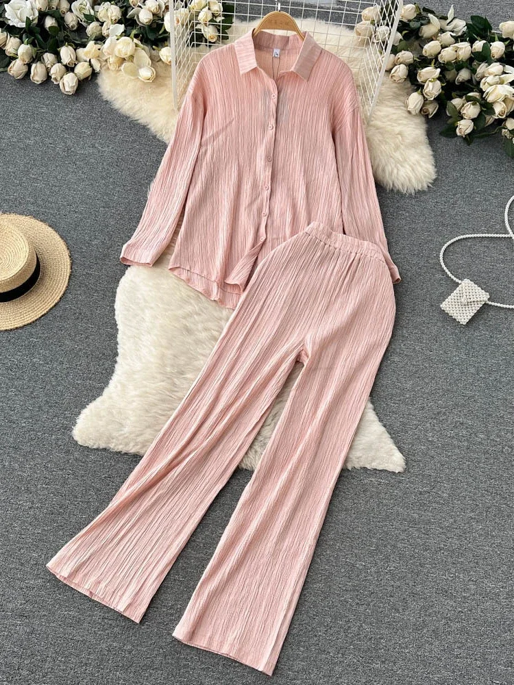 Spring Autumn Pleated Two Piece Sets Women Casual Loose Sleeve Shirt Top+High Waist Drop Wide Leg Long Pants Suits