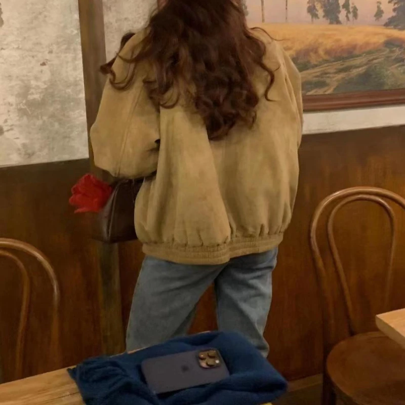 Retro Loose Deerskin Lapel Zipper Jacket 2025 Autumn and Winter Fashion Motorcycle Women's Jacket