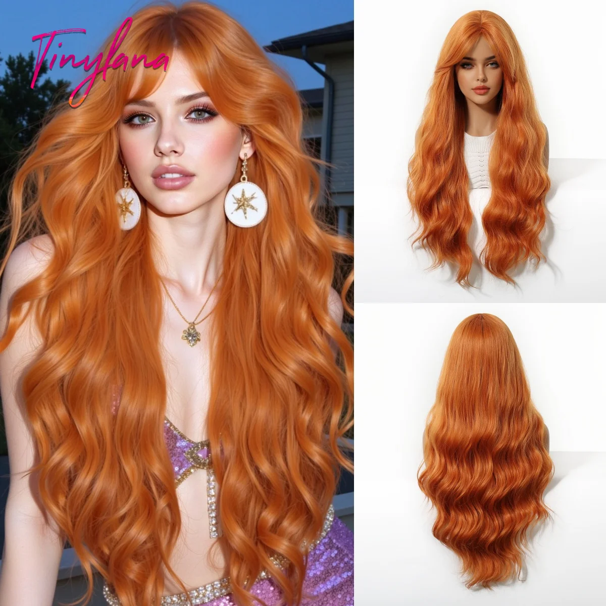 Long Orange Curly Wave Synthetic Wigs for Women with Bangs Halloween Cosplay Ginger Orange Natural Hair Wig Daily Heat Resistant