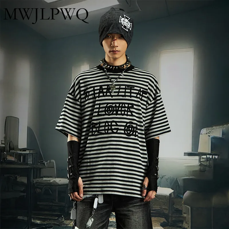 

MWJLPWQ Striped Letter Print Patch Micro Elastic T-Shirt Round Neck Short Sleeve Versatile Summer Unisex Loose Top Tide 010926