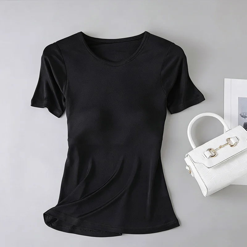 Birdtree, 22% Real Silk Solid Tshirt, With Built-in Bra, Women Short Sleeve O-neck Loose Soft Shirt, 2026 Spring New T63428JF