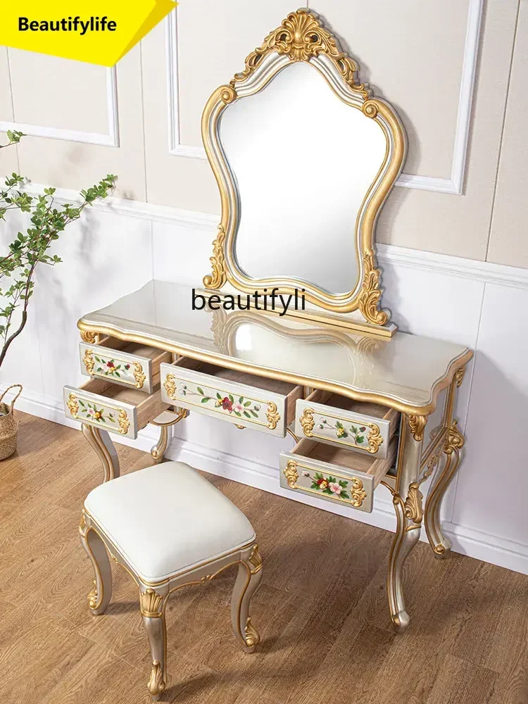 

ss 8617 European-Style Carved Painted Paint Luxury High-End Bedroom Dressing Table with Mirror Dresser