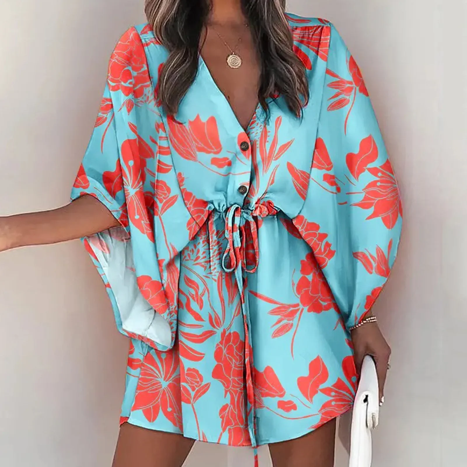 Vestido feminino estampado floral, linha, manga curta, capa, vestido feminino, verão, praia, férias, acima do joelho