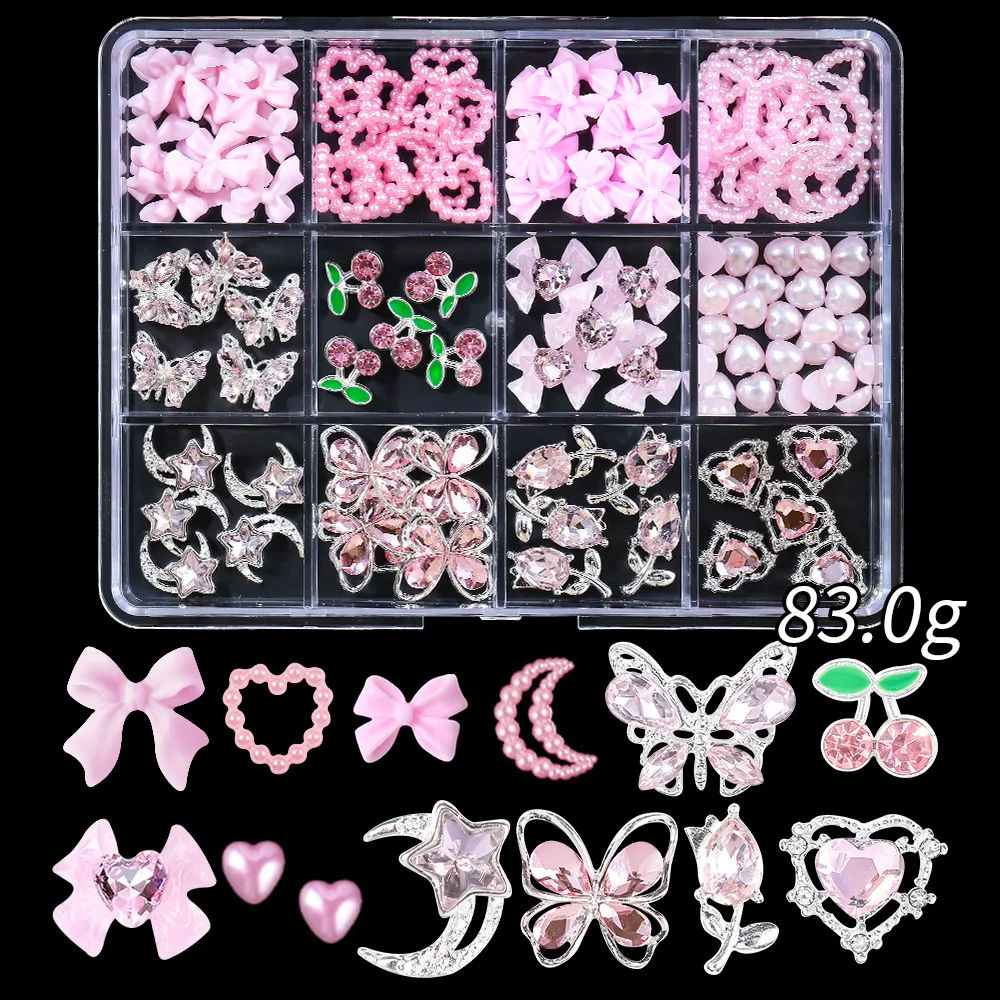 12Grids 3D Mixed Bow/Herz/Schmetterling Nagel Charms mit Diamant Legierung Band, Kirsche, Mond Nail art Dekorationen DIY Maniküre Teile &