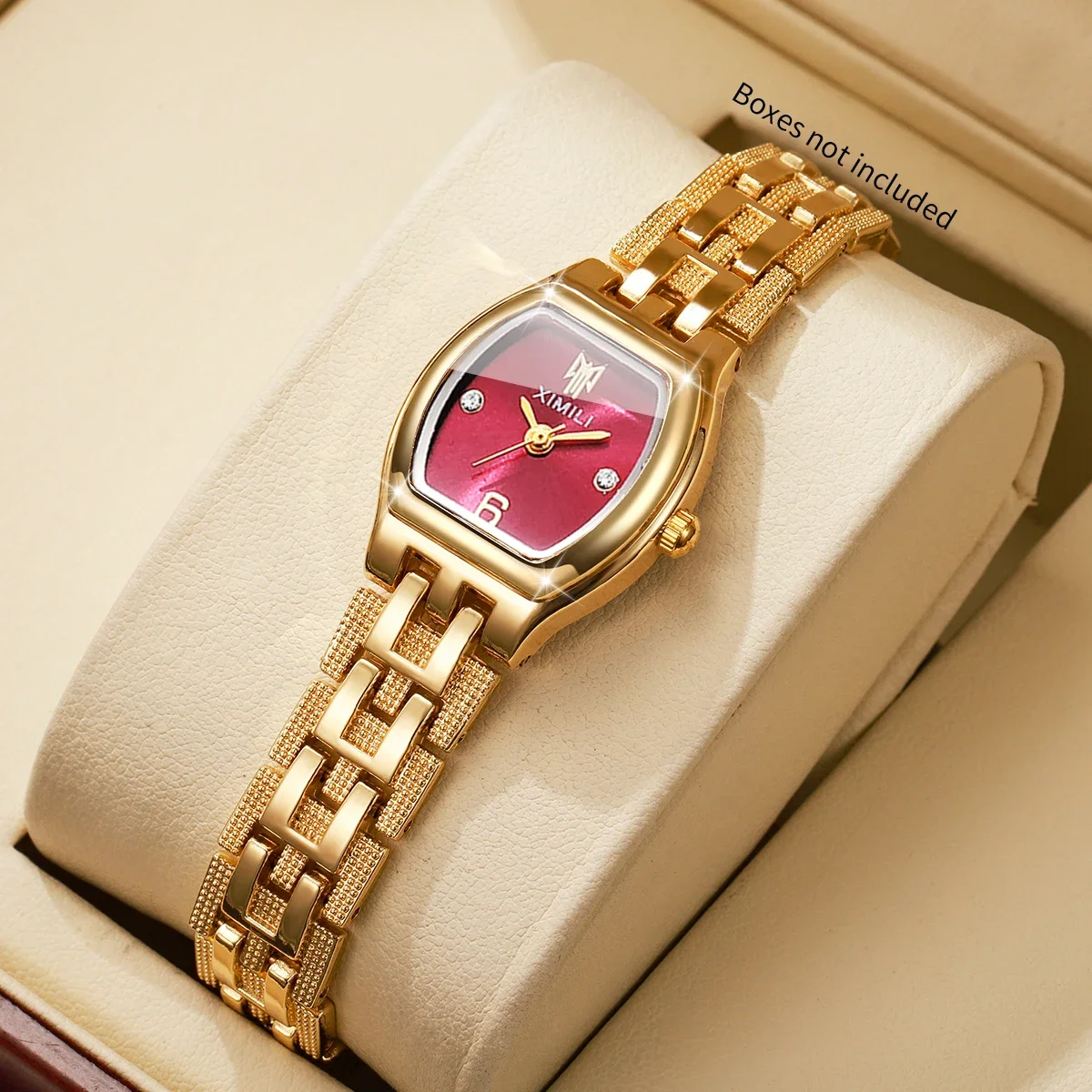 Fashion Women Quartz Watch Tonneau Red Dial Golden Bracelet Strap Ladies Dress Wristwatches Clock Relogio Feminino（Without Box）