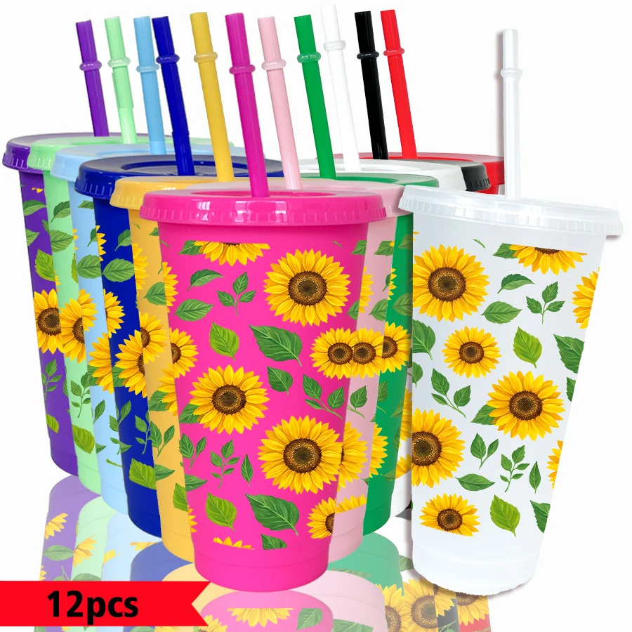 12pcs-pack-sunflower-leaf-pattern-26oz-colored-plastic-party-cold-drink-cup-for-back-to-school-birthday-gift