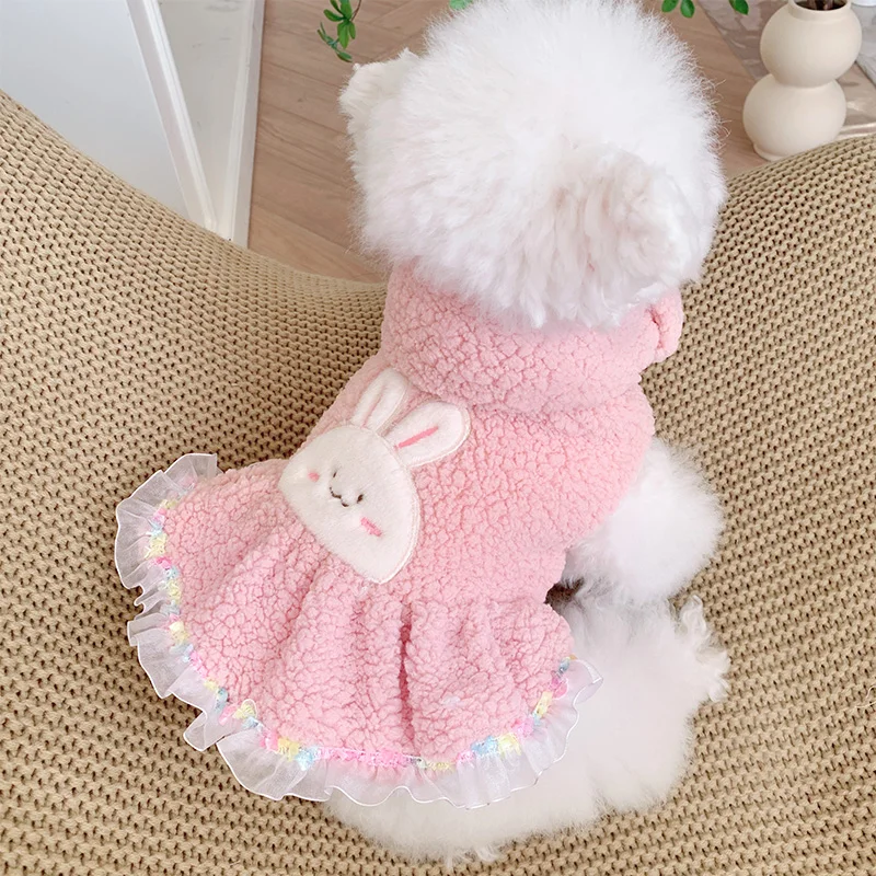 Pink Fleece Girl Pet Dresses Dog Clothes Autumn Winter Thicken Warm Chihuahua Maltese Cat Coat Jacket Costumes Puppy Animal Pugs