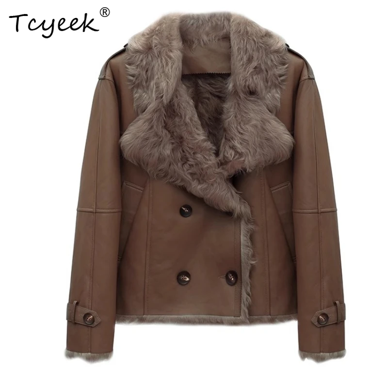 

Tcyeek Real Wool Autumn Winter High End Trendy Fangling Locomotive Solid Color Women's Wool Shearling Fur Coat Fourrures Femme