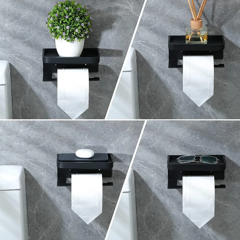 ساخن! حامل لفة ورق مرحاض ذاتي اللصق مع رف ، حامل مناديل أسود مثبت على الحائط ، رف هاتف للحمام