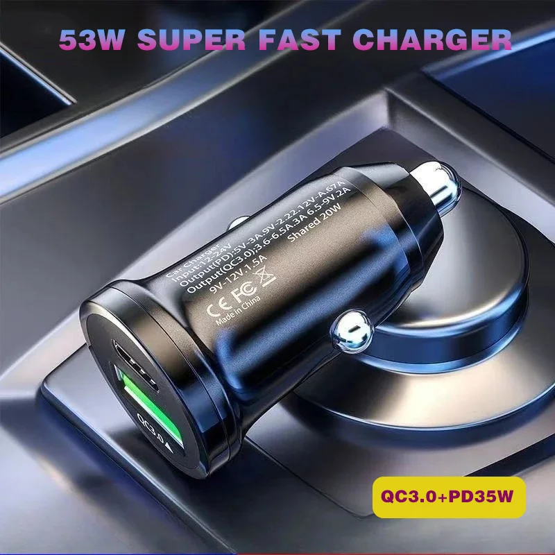 53W 2 Ports Mini Car Charger Super Fast Charging QC3.0/PD20W/PD35W Car Cigarette Lighter Flash Charge For IPHONE/HUAWEI/XIAOMI