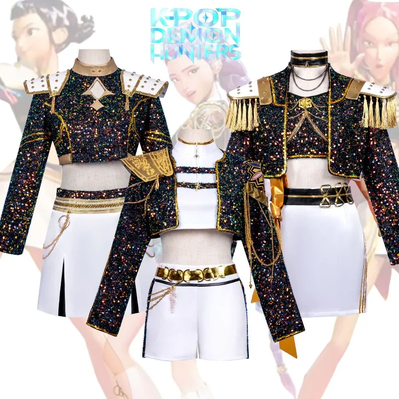 

Anime Kpop Demon Hunters Cosplay Rumi Zoey Mira Costume Cool Fashion Clothes White Top Pants Black Coat Full Set for Women Girls