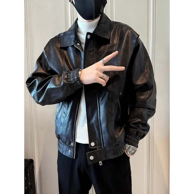 

Fall Winter Large Size 250 Pou Men's Leather Jaet Coat Sli Sexy High End Feel American Sle Long Sve Zipper up J...