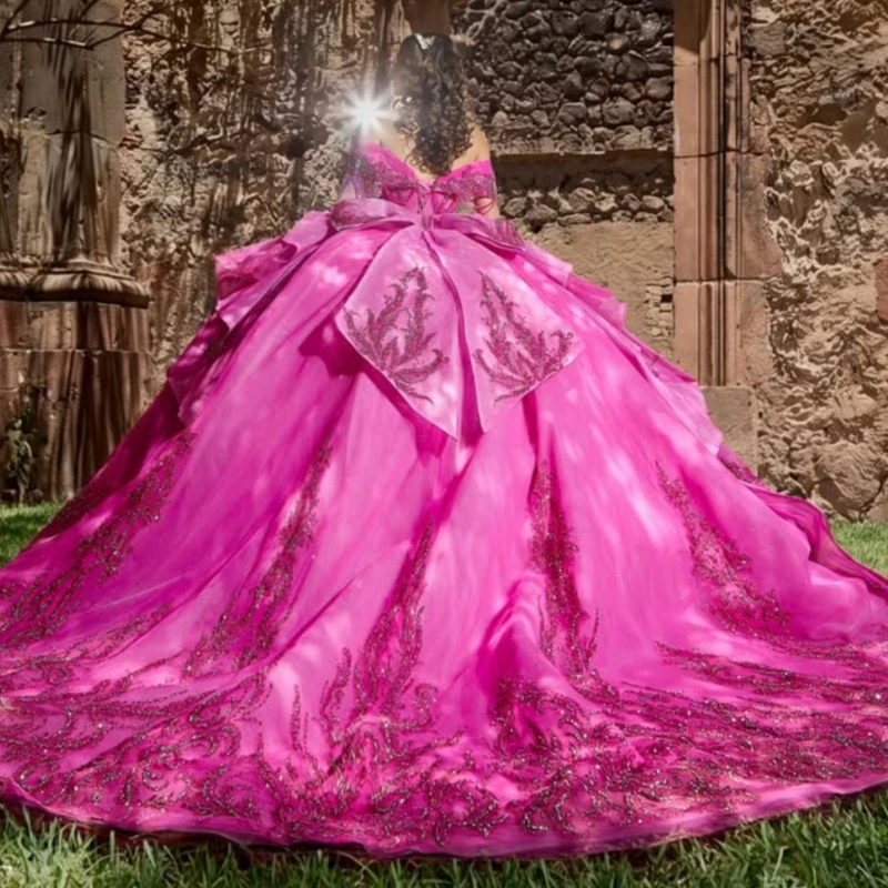 Rose Red Glitter Quinceanera Dresses Off Shoulder Ball Gown Sweet 16 Dress Sequin Applique Lace Beading Bow Tull Party Birthday