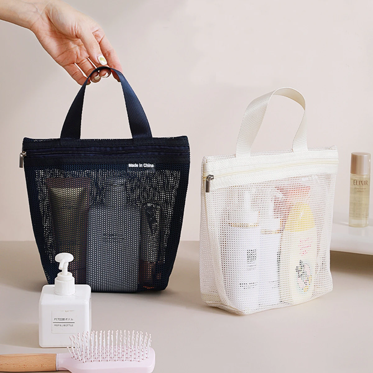 Mesh Makeup Handbags Toiletry Storage Bag Portable Travel Washing Shower Tools Organizer Zipper Hanging Cosmetic Organizer Pouch