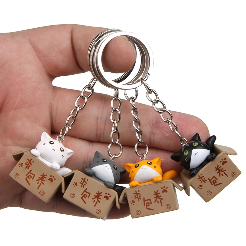 Creative Cute Little Box Cat Keychain For Women Men Kawaii Cartoon Kitten Car Key Chain Fashion Letter Keyring Jewelry Gift