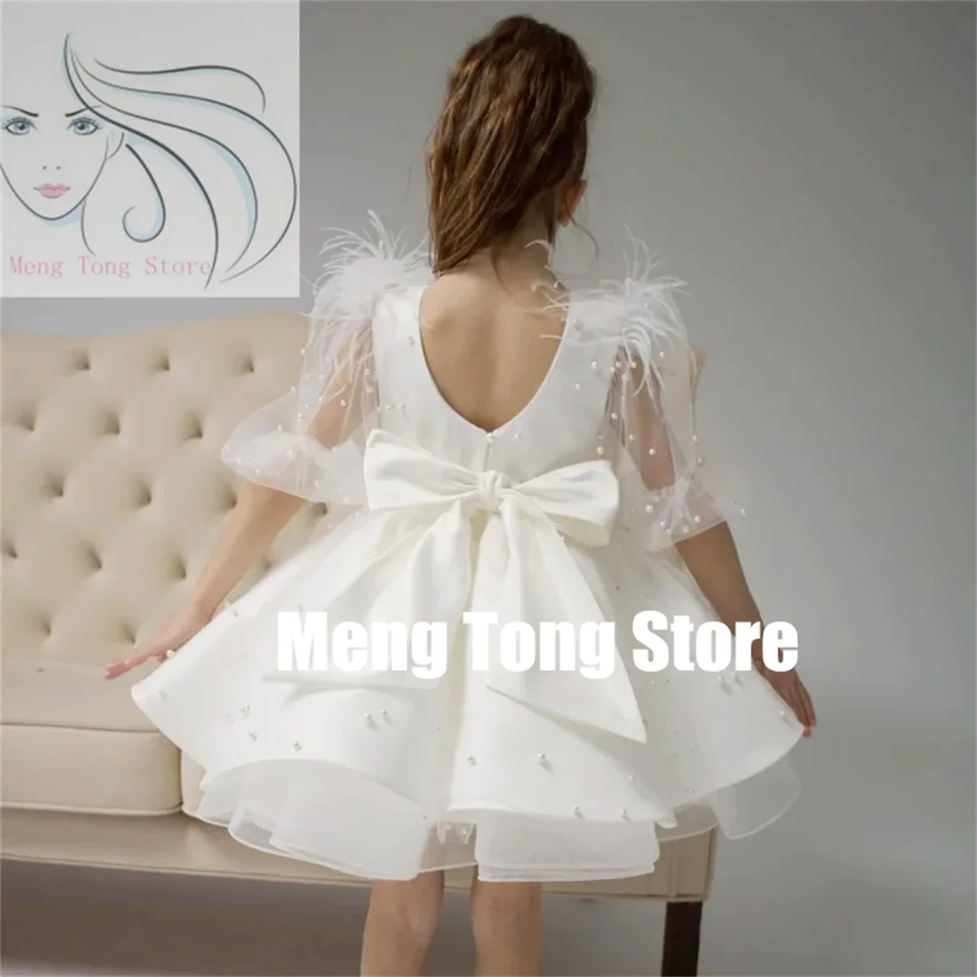 Ivory Flower Girl Dresses Pearls Skirt With Bow Feather Half Sleeve For Wedding Birthday Party First Communion Gowns