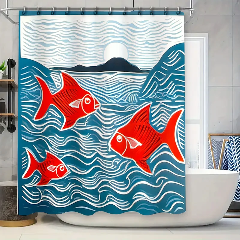 

Синяя волна, красная рыба, занавеска для душа, водонепроницаемая ткань, декоративное украшение для дома для стен ванной комнаты, современный художественный принт Des