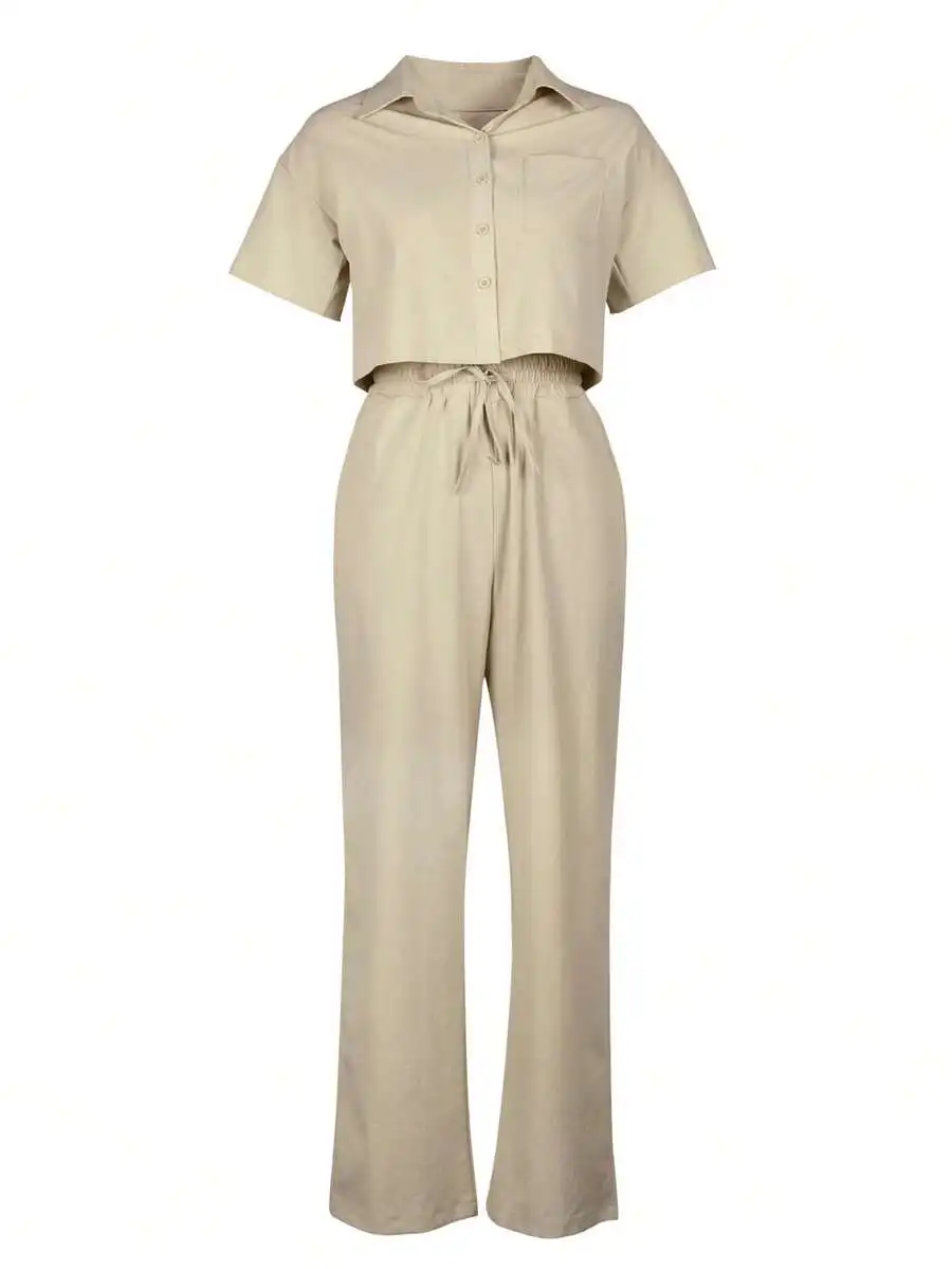 

2pcs Linen Casual Set: Short Sleeve Shirt Top And Wide Leg Pants