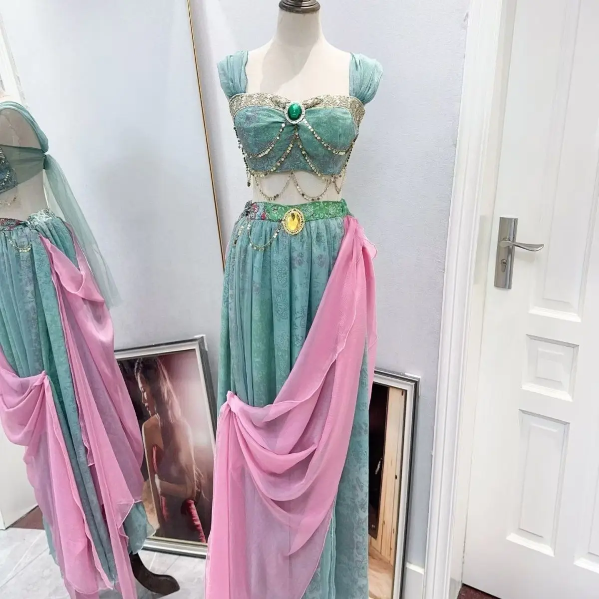 Retro Dunhuang Ethnic Performance Suit Gem Decoration Two‑Piece Dress For Exotic Theme Photoshoot Dance Cos Event