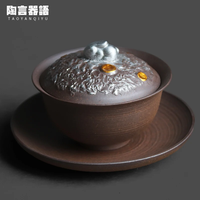 Rough terracotta tea bowl with painted gold and silver spots, rabbit design elements, wide mouth tea bowl for brewing tea leaves