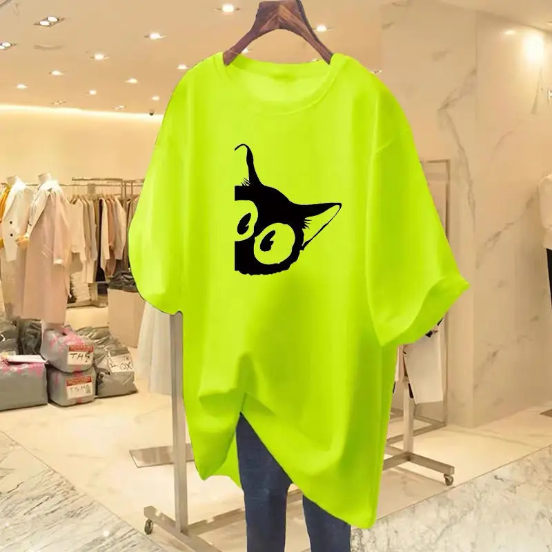 Women's Cat Cartoon O-neck T-shirt, Basics Casual Loose Tops, Pure Cotton, Top, Summer Chic Street Fashion, Pullover
