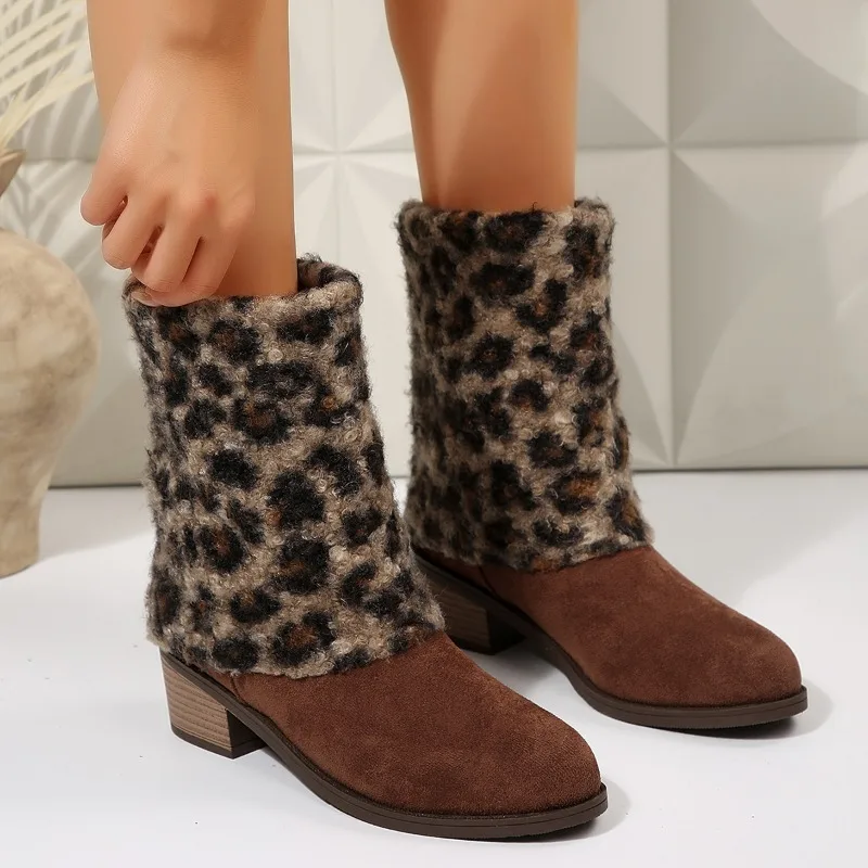 

Sleeve Spliced Plush Cotton Shoes Fashion Round Toe Soft Sole Non-slip Warm Block Heel Mid-leg Boots