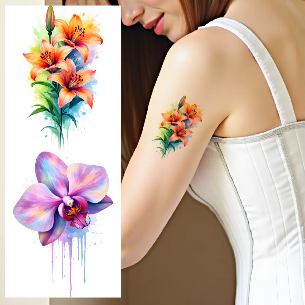

9pcs Temporary Tattoo Lilies Watercolor Lotus Orchids Waterproof Long-lasting Body Stickers Roses For Cheeks Chest