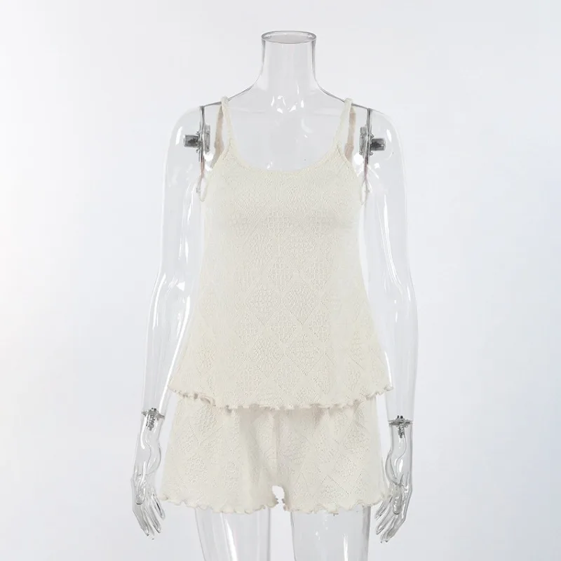 2026 Strick-Häkel-Pyjama-Set für Damen: Spaghettiträger-Top mit Cut-Outs & Shorts – Sommerliches, dünnes Loungewear- und Homewear-Outfit – Detail 3