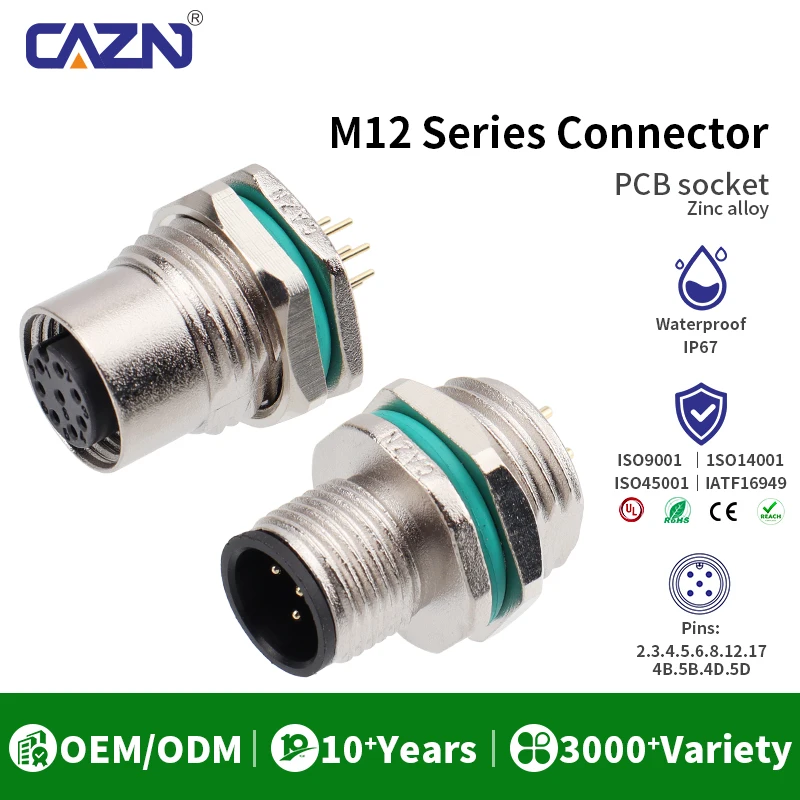 M12 Zinc Alloy PCB Socket Male Female Panel Mount 2 3 4 5 6 8 12 17 Pin IP67 Waterproof for Industrial Control & Automation