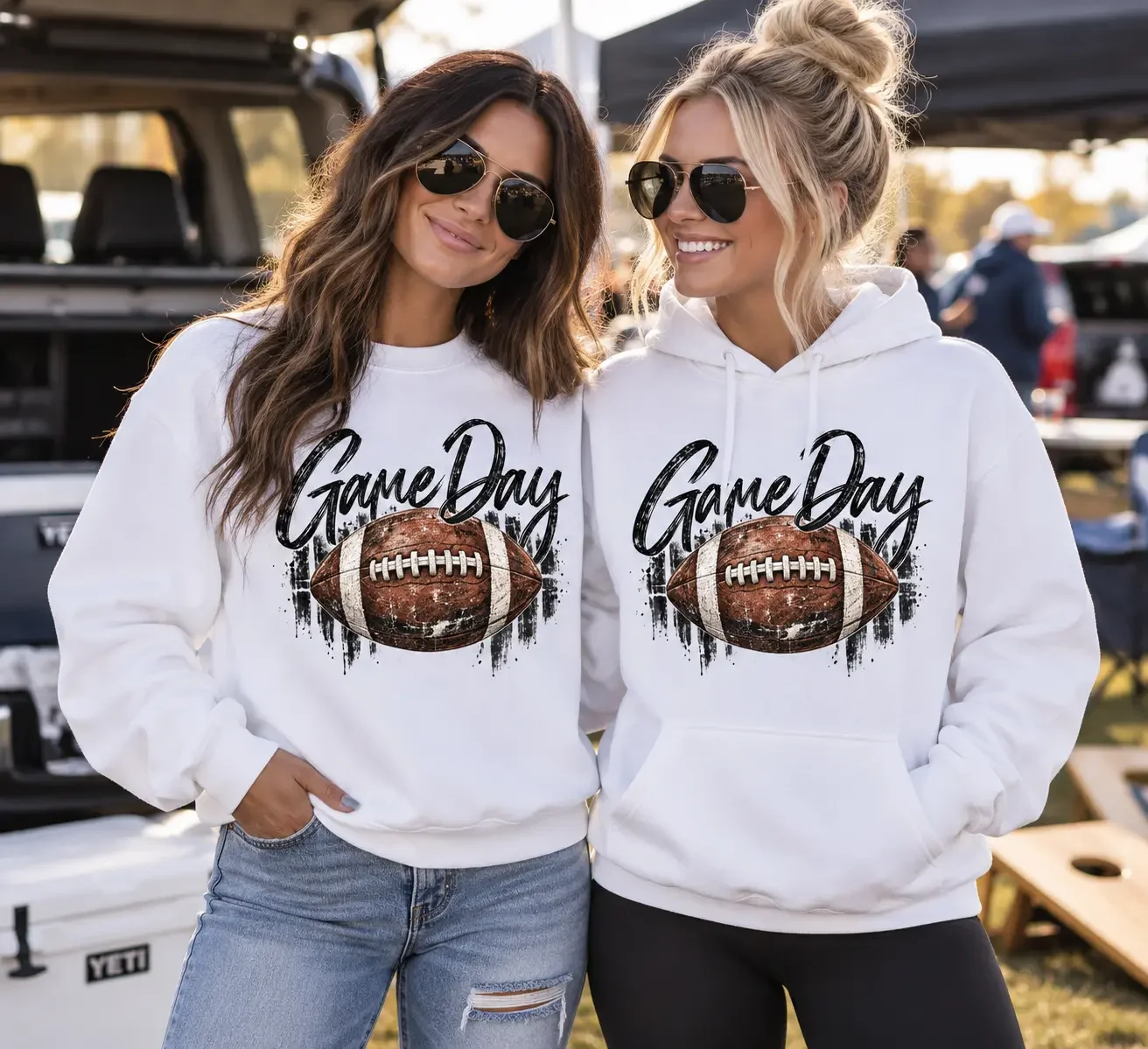 Game Day Football Sweatshirt & Hoodie – Vintage Distressed Football Graphic – Unisex White Crewneck or Pullover Hoodie – Football Season Apparel
