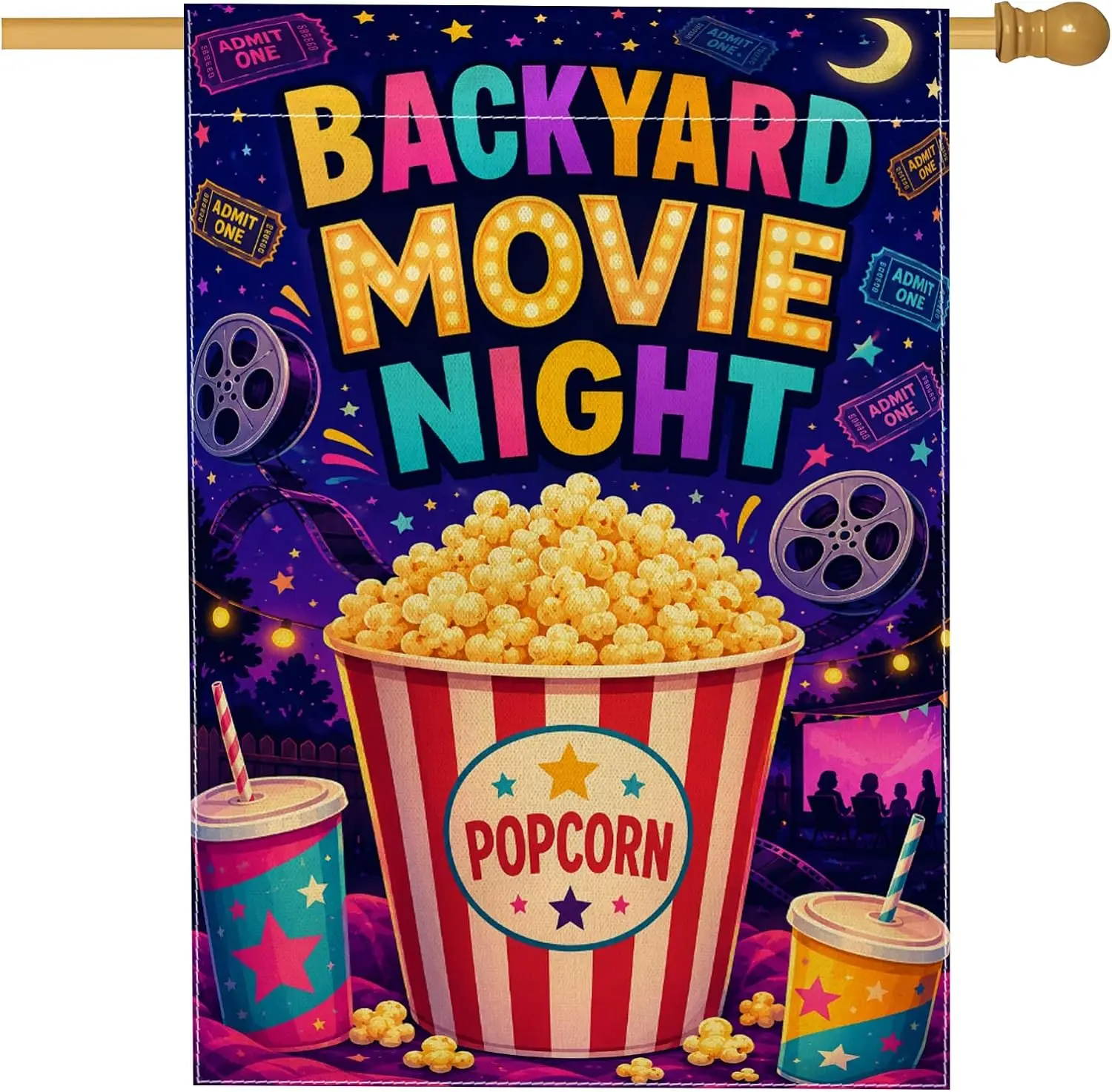 Popcorn House Flag, Festive Colorful Movie Reel Film Strip Summer Violet Burlap Double Sided Outside Large Garden Flag for O aaz