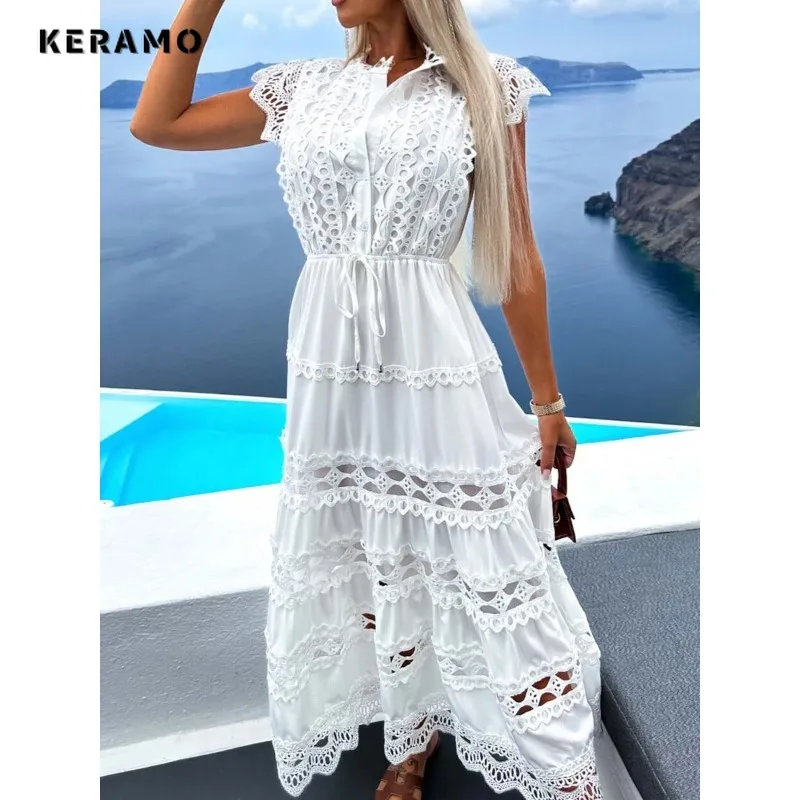 

2024 Spring Fairy Flying Sleeve Solid Color Sexy Hollow Out Dresses Women French Elegant Chiffon High Waist Slim Beach Dresses